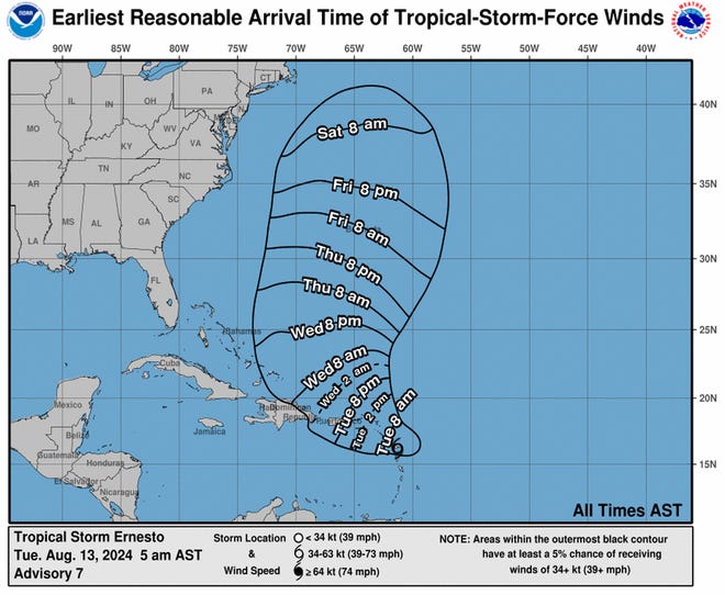 Arrival time of tropical-storm-force winds associated with Tropical Storm Ernesto as of 5 a.m. Aug. 13, 2024.