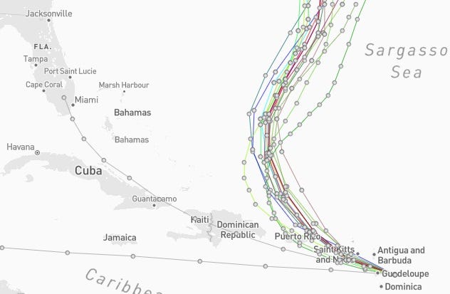 Spaghetti models for Tropical Storm Ernesto 6 a.m. Aug. 13, 2024.